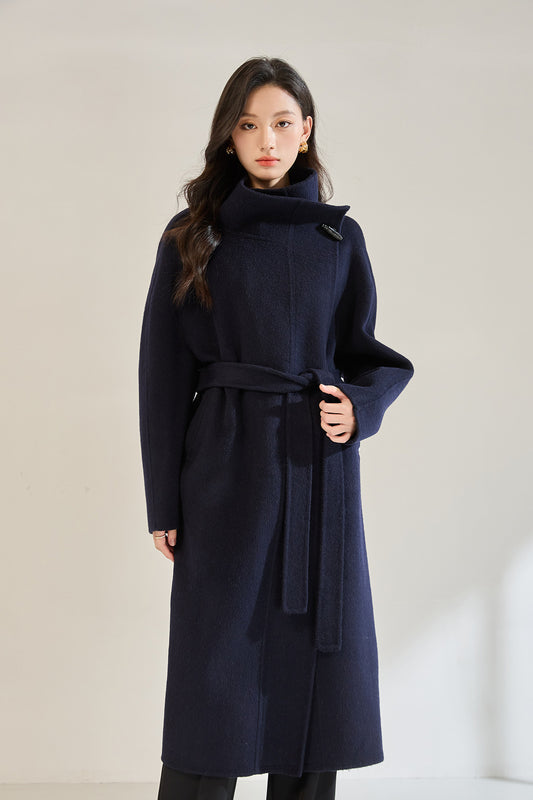 Zamansız Şıklık Yün Karışımlı Kuşaklı Uzun Kaban