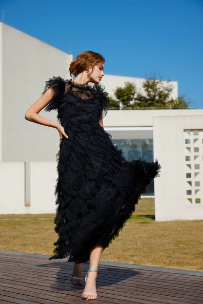 Tüllü Balıkçı Yaka Uzun Elbise