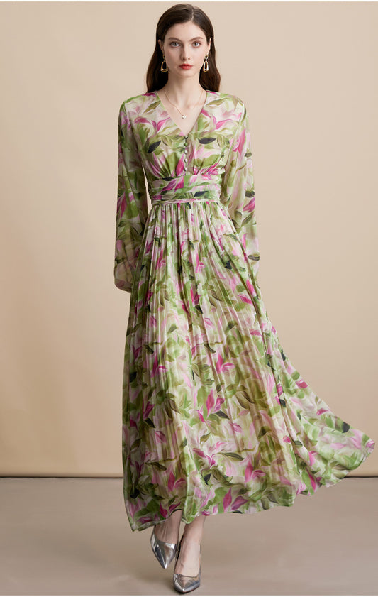 Vintage V Yaka Çiçek Desenli Uzun Elbise