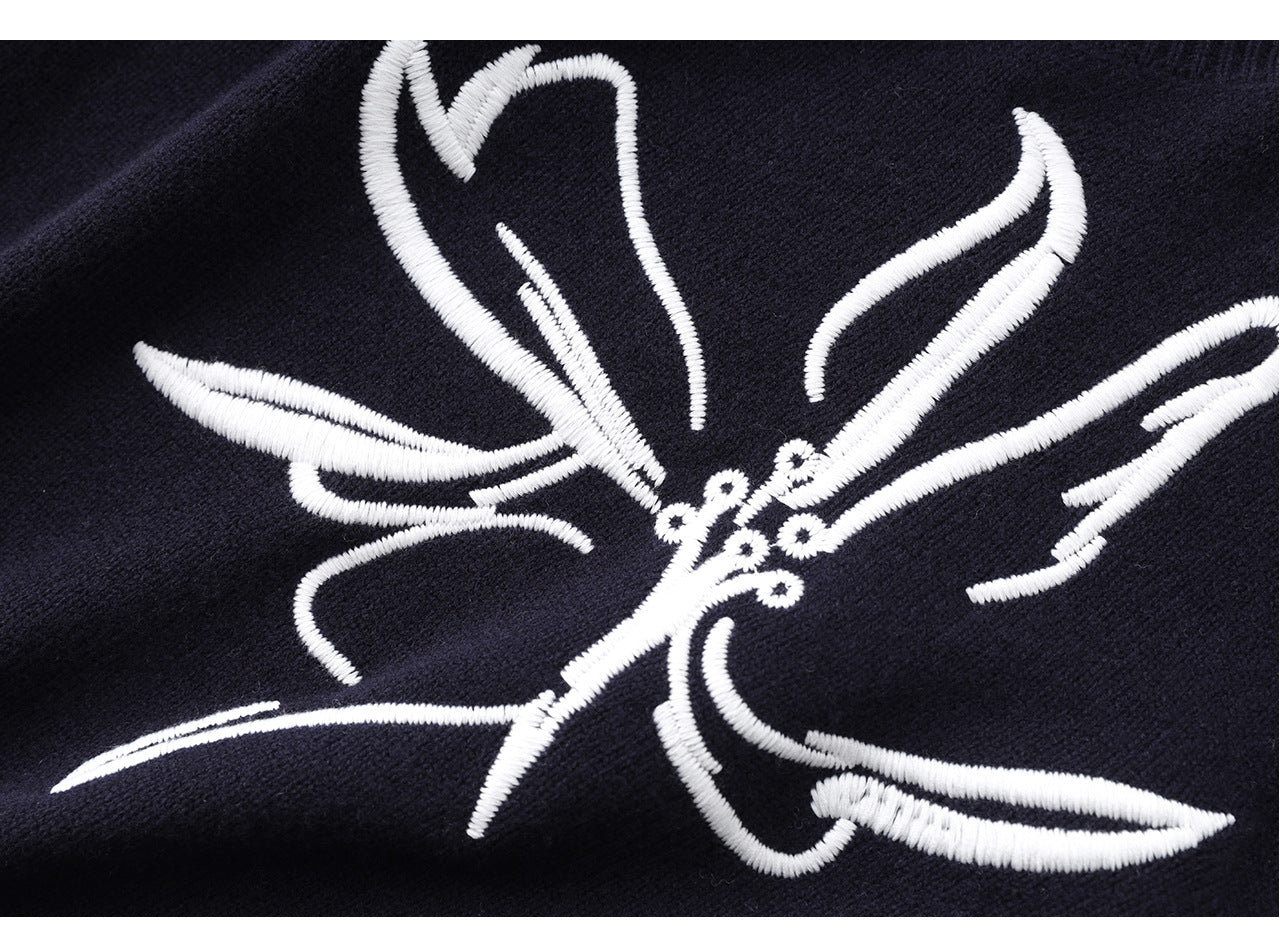 Zarif Kontrast Nakışlı %100 Merino Yün Triko Kazak