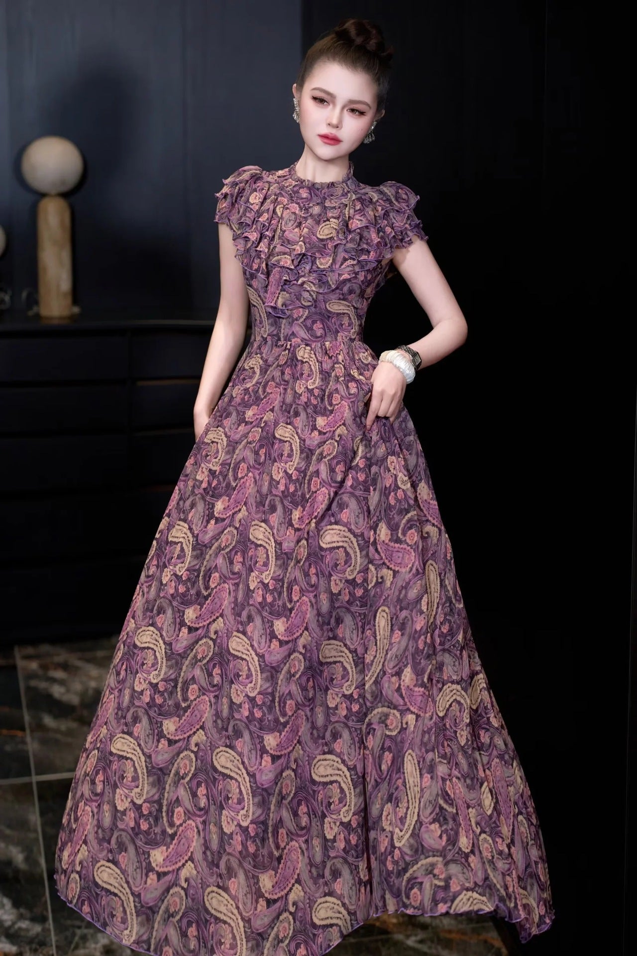 Vintage Rouge Desenli Uzun Elbise