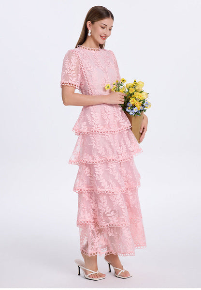 İşlemeli Kat Kat Fırfırlı Maxi Elbise