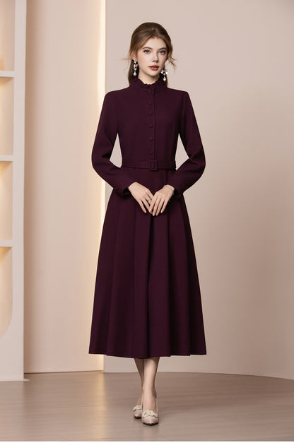 Veloura Kemerli Yün Karışımlı Uzun Kış Elbisesi