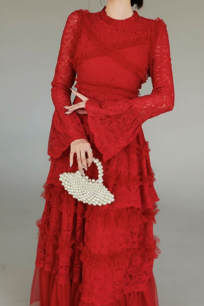 Penelope Dantel Detaylı Fırfırlı Maxi Elbise