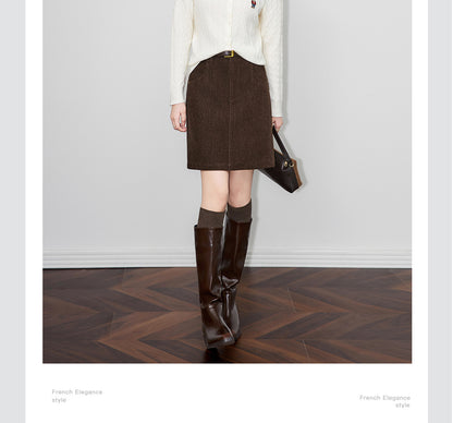 Retro Peluş Dokulu Yüksek Bel Kışlık Kısa Etek (Kemersiz)