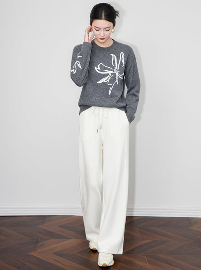 Zarif Kontrast Nakışlı %100 Merino Yün Triko Kazak