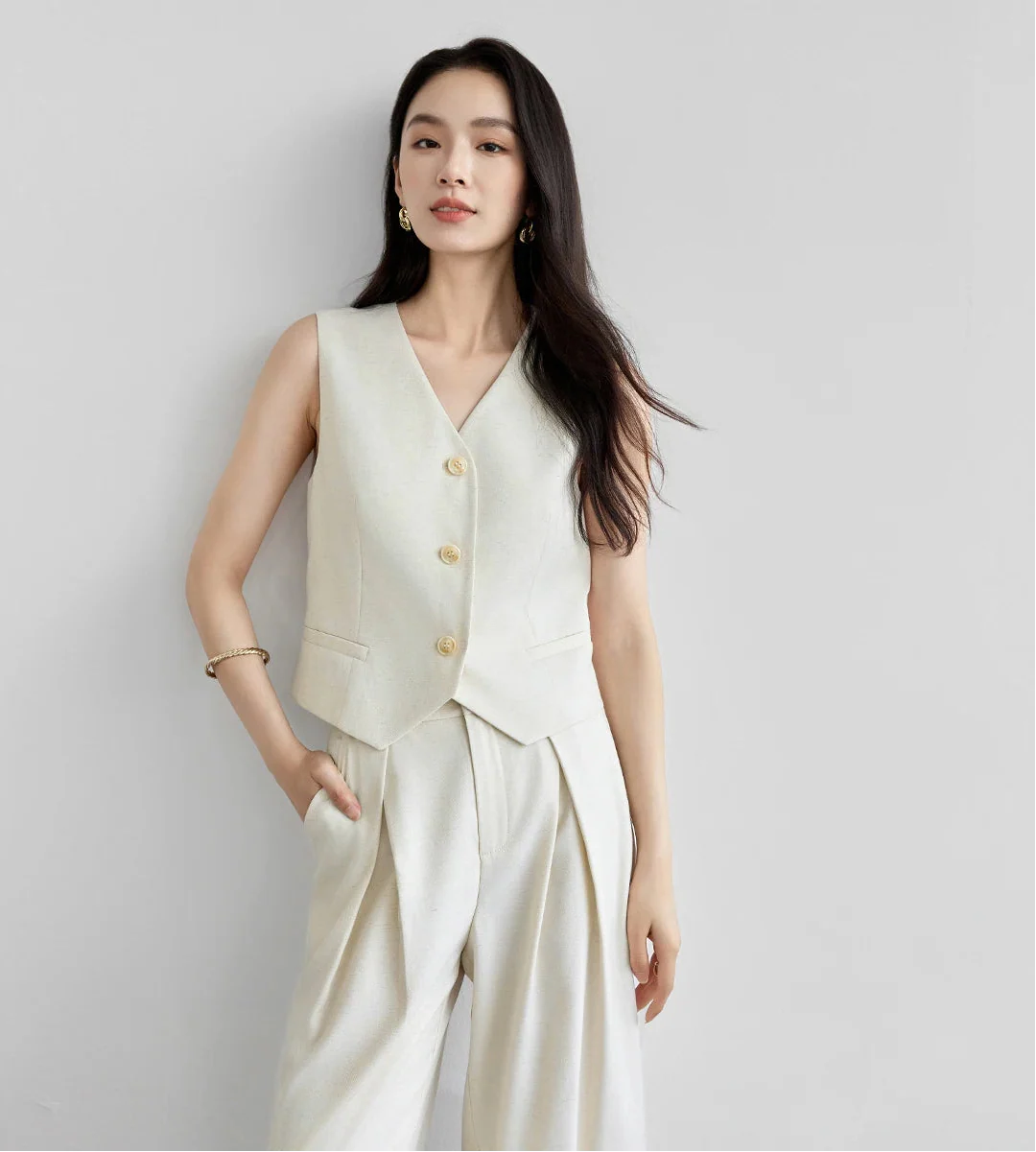 Keten Karışımlı Crop Yelek & Pantolon Takım