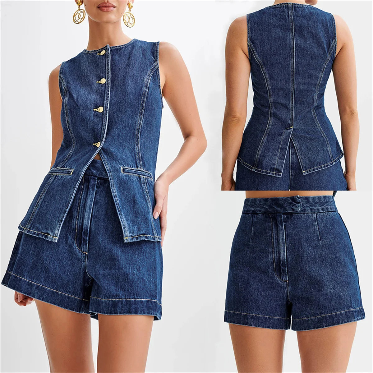 Yazlık Denim Şort Takımı – Kolsuz Düğmeli Üst & Yüksek Belli Bol Paça Şort