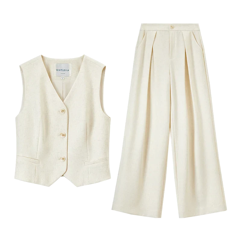 Keten Karışımlı Crop Yelek & Pantolon Takım