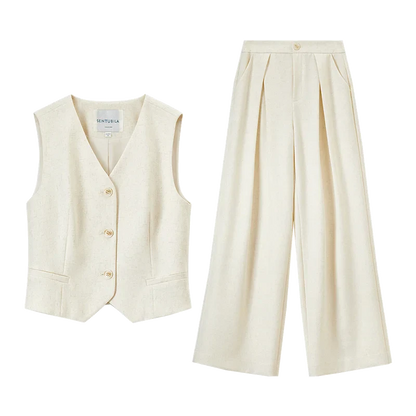 Keten Karışımlı Crop Yelek & Pantolon Takım