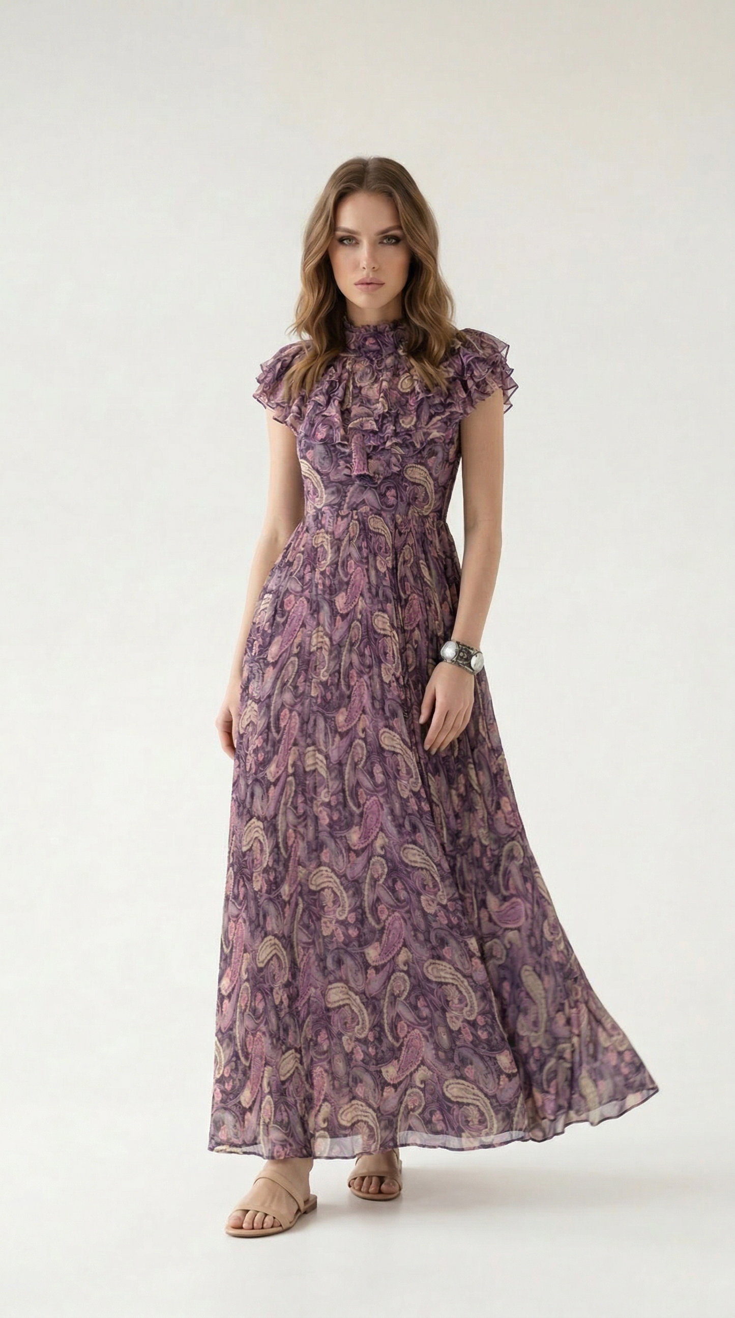 Vintage Rouge Desenli Uzun Elbise