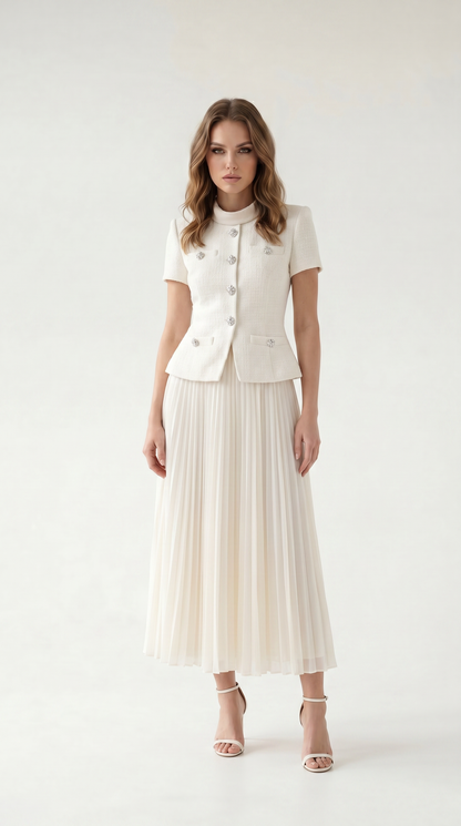 Chic Buttoned Blazer & Pleated Midi Skirt Set