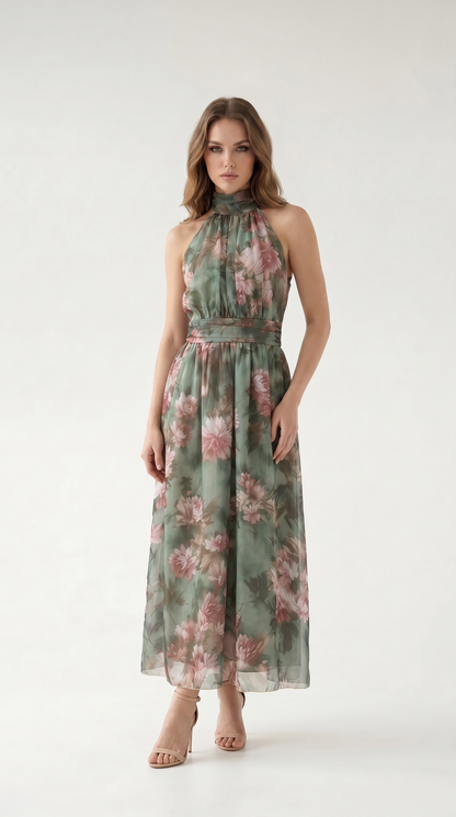 Çiçek Desenli Halter Yaka Maxi Elbise
