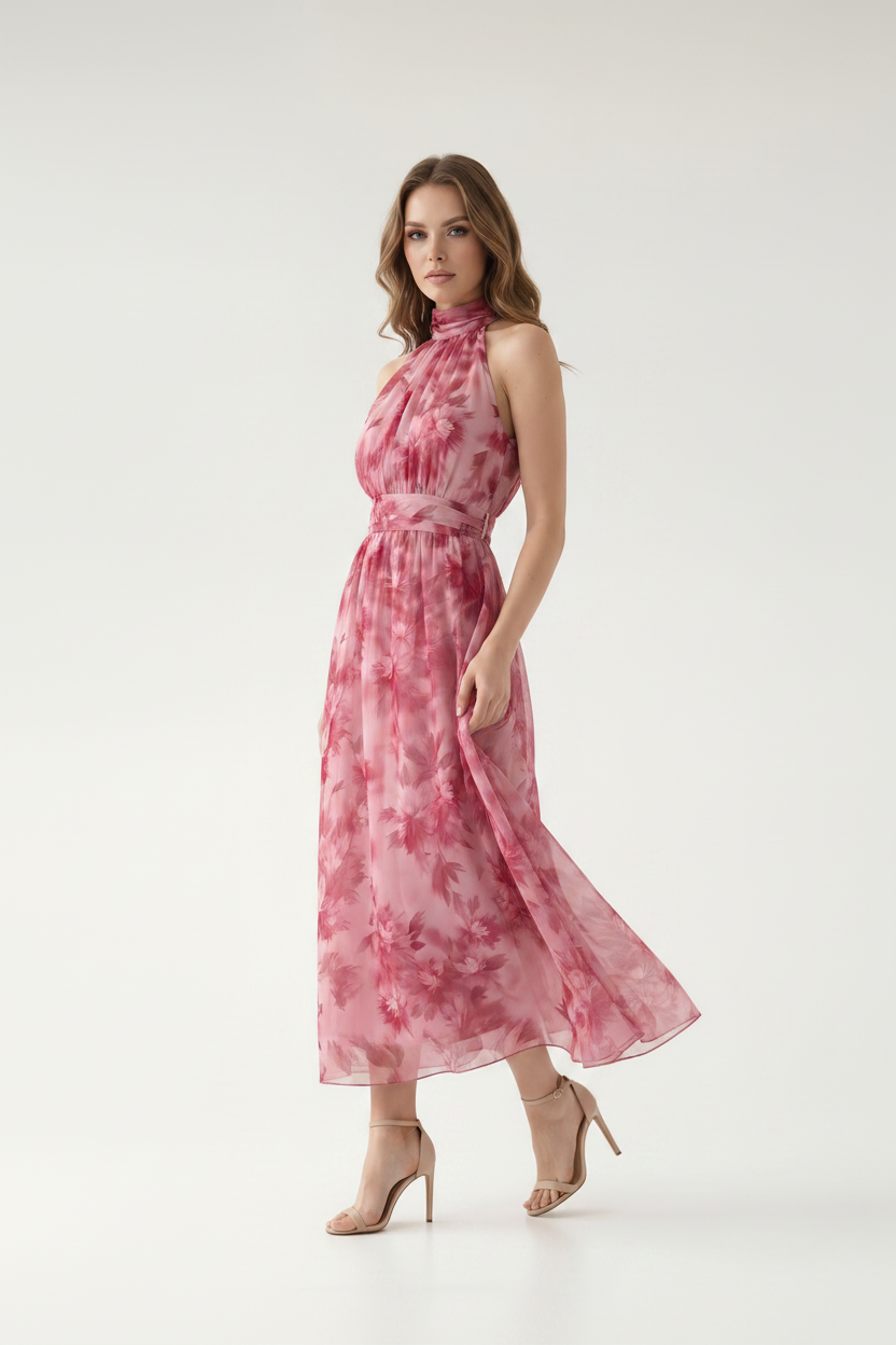 Çiçek Desenli Halter Yaka Maxi Elbise