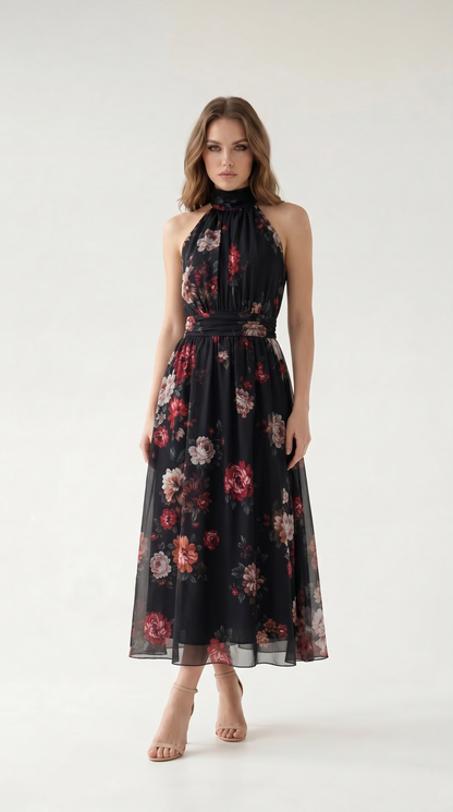 Çiçek Desenli Halter Yaka Maxi Elbise