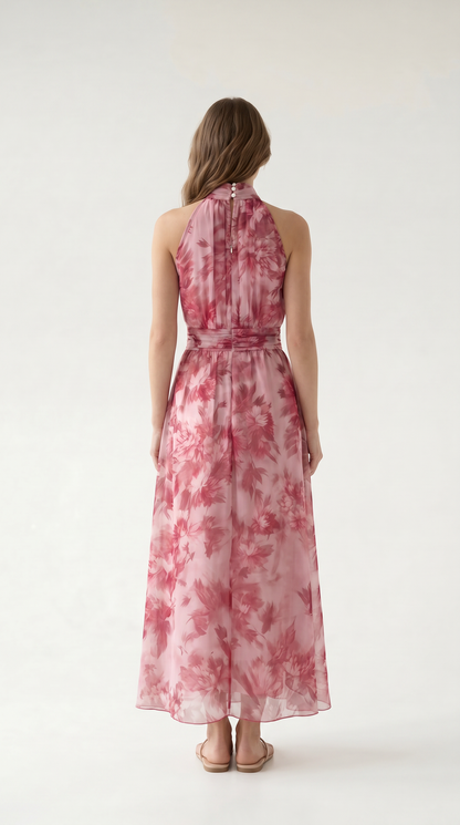 Çiçek Desenli Halter Yaka Maxi Elbise