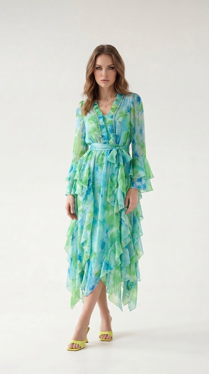 Elara Bohem Volanlı Maxi Elbise